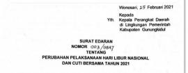 Edaran Bupati Tentang Cuti Bersama